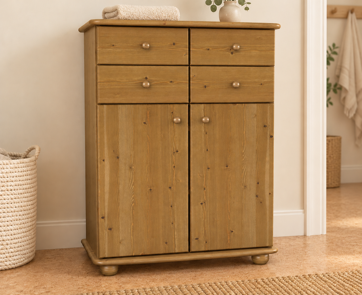 Anika Kommode Sideboard aus 100% Bio Kiefer Massivholz | 2-Türig | 4 Schubladen Anrichte