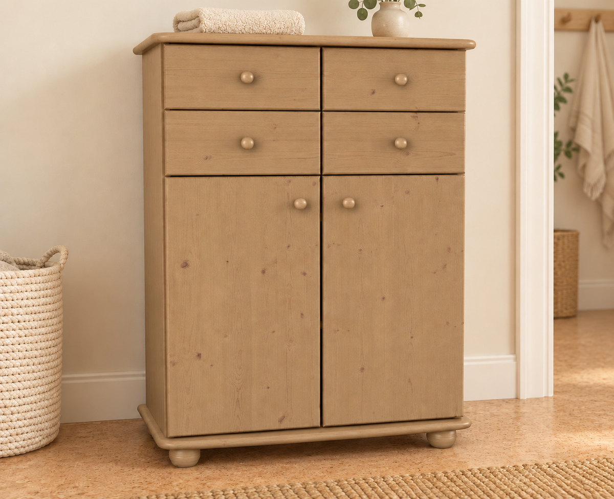 Anika Kommode Sideboard aus 100% Bio Kiefer Massivholz | 2-Türig | 4 Schubladen Anrichte