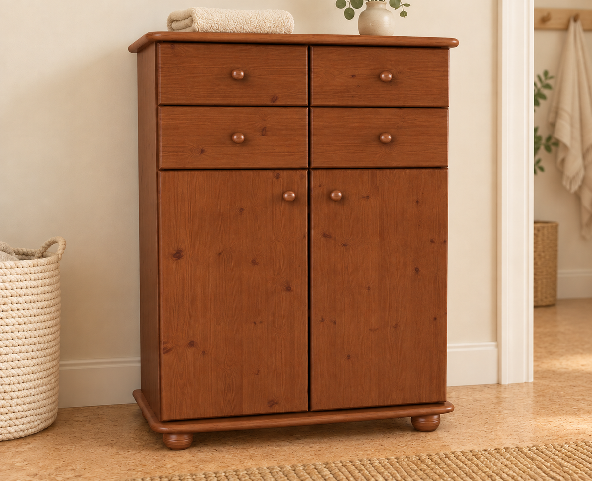 Anika Kommode Sideboard aus 100% Bio Kiefer Massivholz | 2-Türig | 4 Schubladen Anrichte