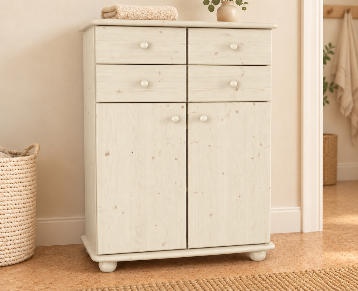 Anika Kommode Sideboard aus 100% Bio Kiefer Massivholz | 2-Türig | 4 Schubladen Anrichte