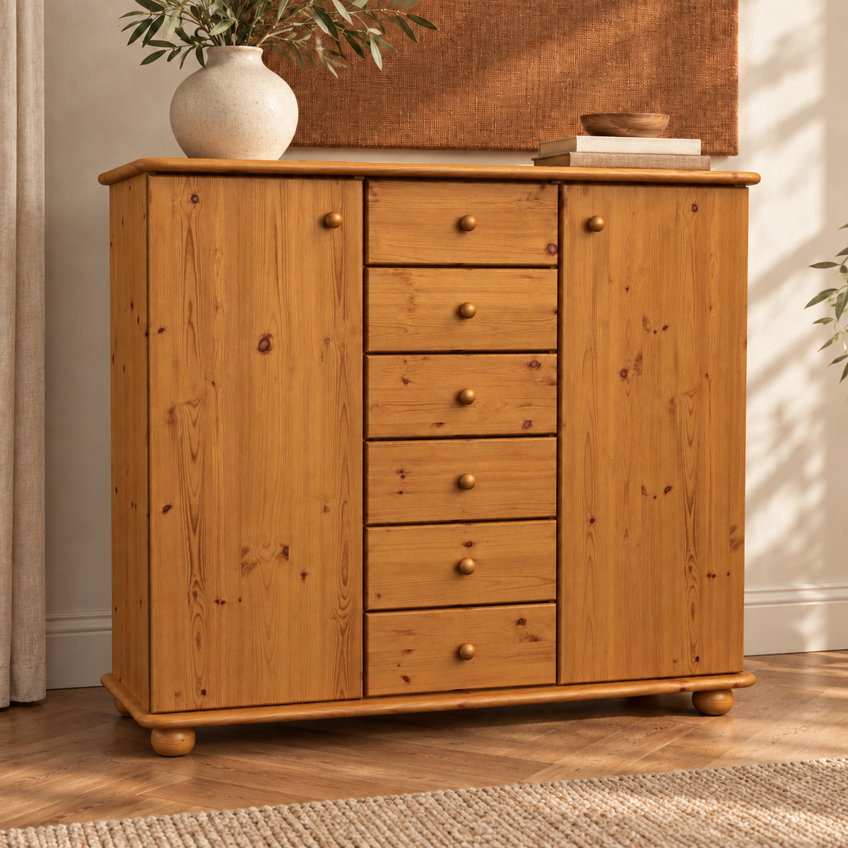 Anika Kommode Bio Kiefer Massivholz | 2-Türig Sideboard mit 6 Schubladen