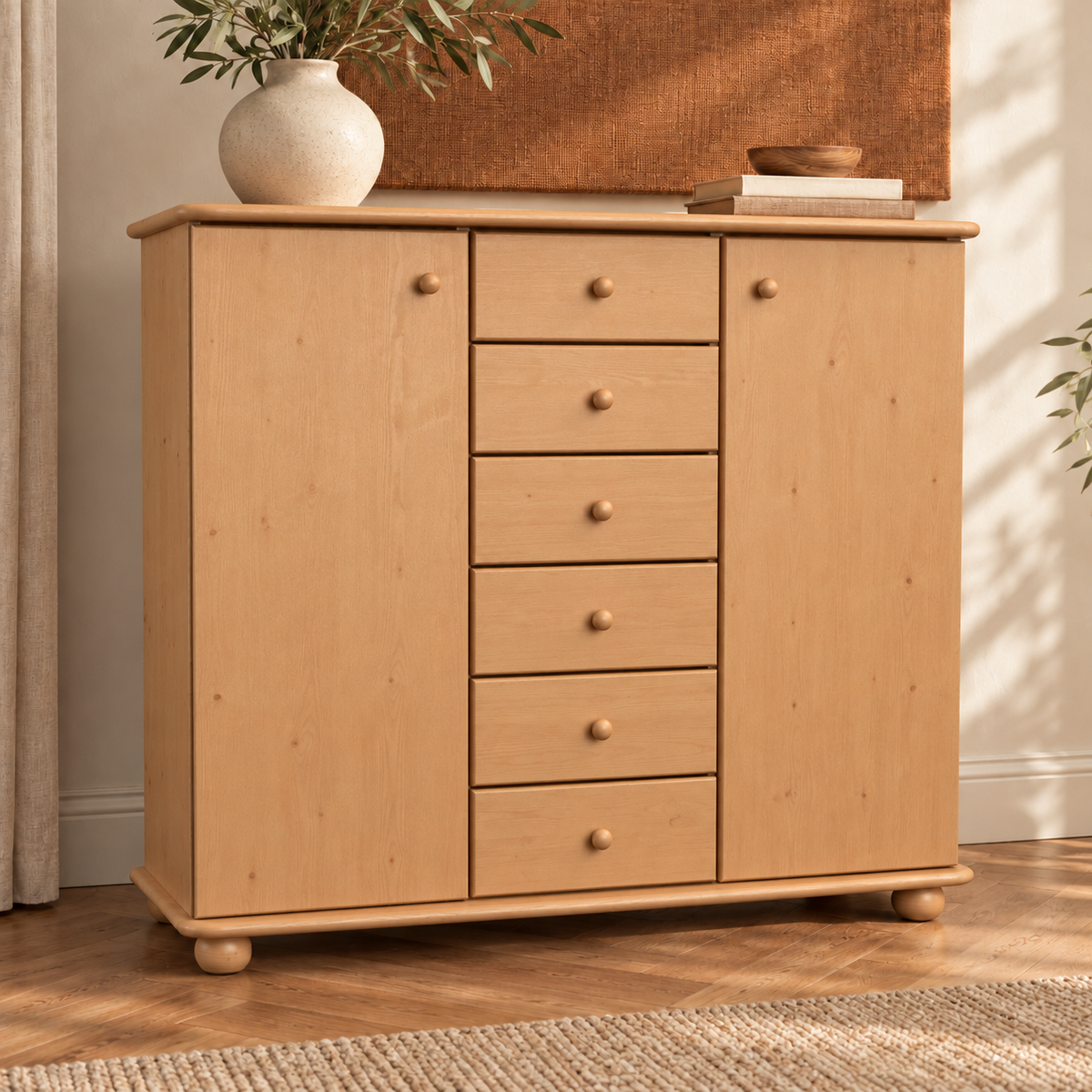 Anika Kommode Bio Kiefer Massivholz | 2-Türig Sideboard mit 6 Schubladen