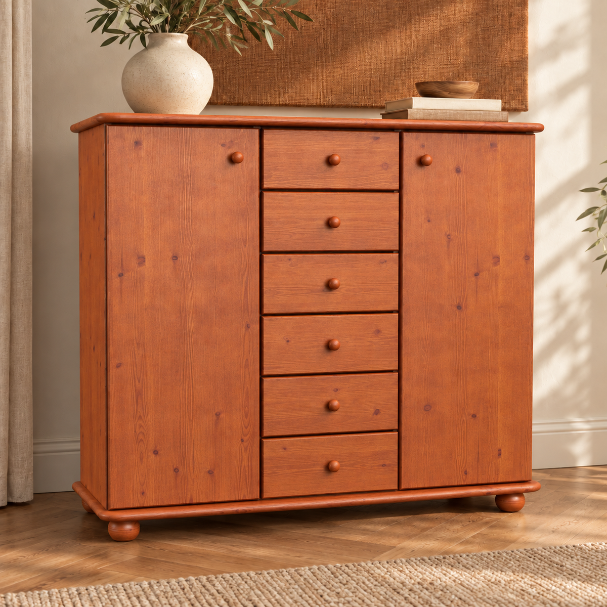 Anika Kommode Bio Kiefer Massivholz | 2-Türig Sideboard mit 6 Schubladen