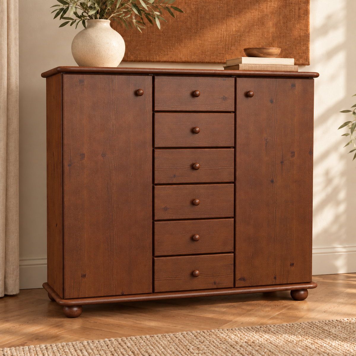 Anika Kommode Bio Kiefer Massivholz | 2-Türig Sideboard mit 6 Schubladen