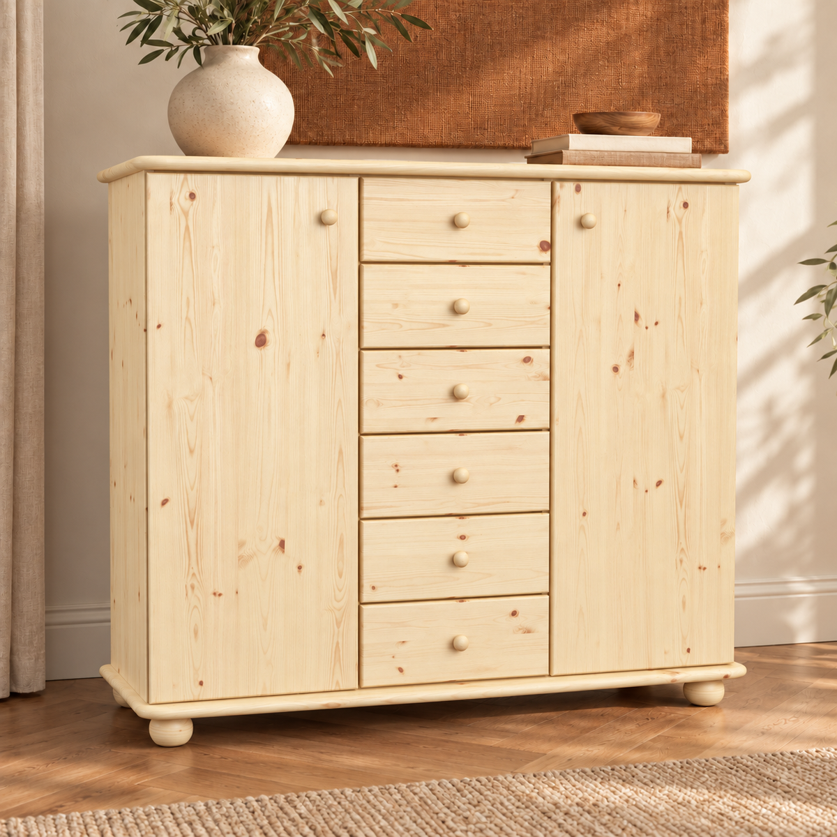 Anika Kommode Bio Kiefer Massivholz | 2-Türig Sideboard mit 6 Schubladen