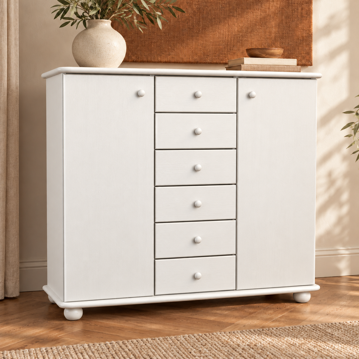 Anika Kommode Bio Kiefer Massivholz | 2-Türig Sideboard mit 6 Schubladen