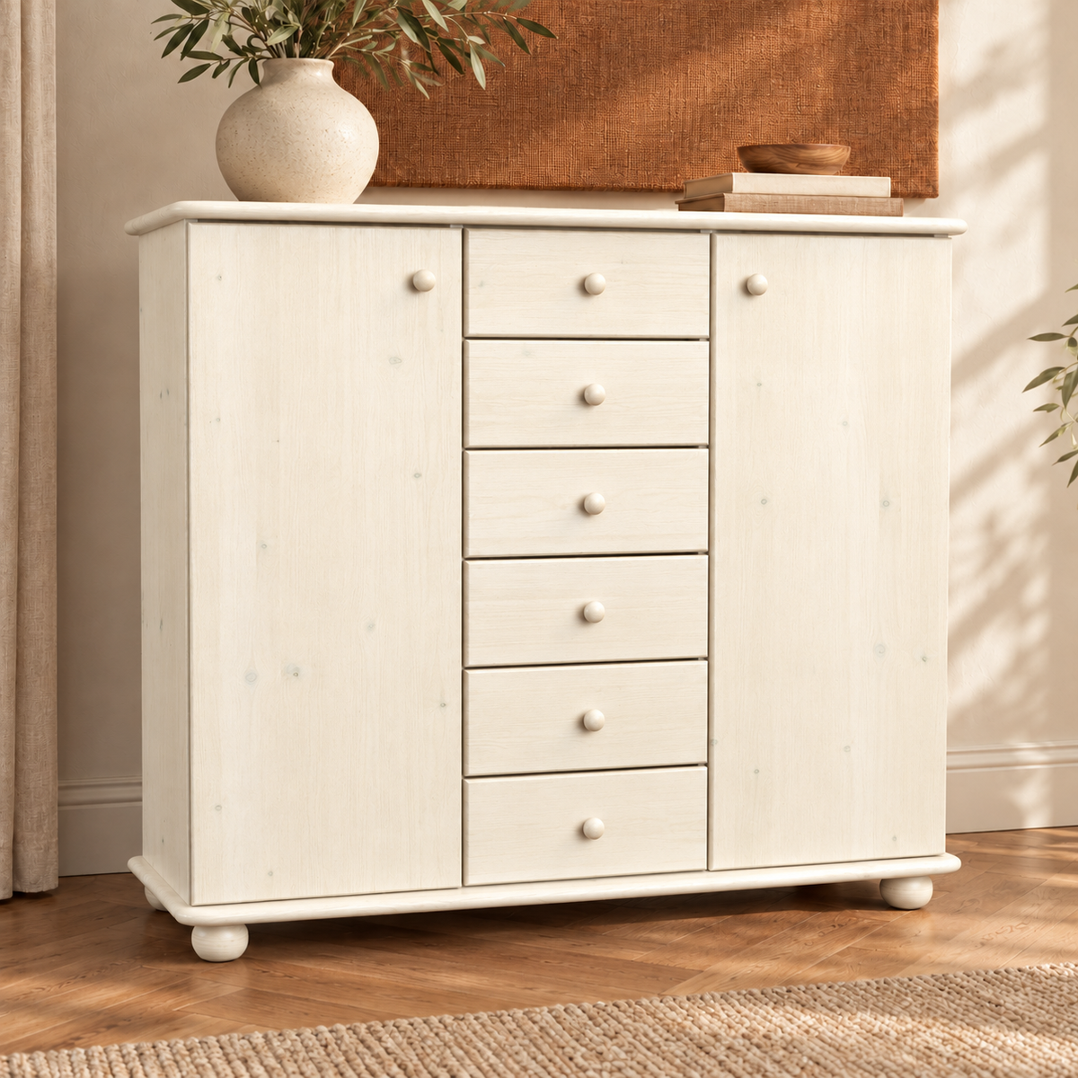 Anika Kommode Bio Kiefer Massivholz | 2-Türig Sideboard mit 6 Schubladen