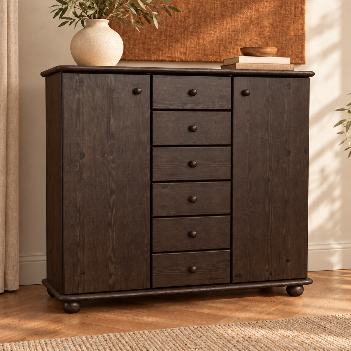 Anika Kommode Bio Kiefer Massivholz | 2-Türig Sideboard mit 6 Schubladen