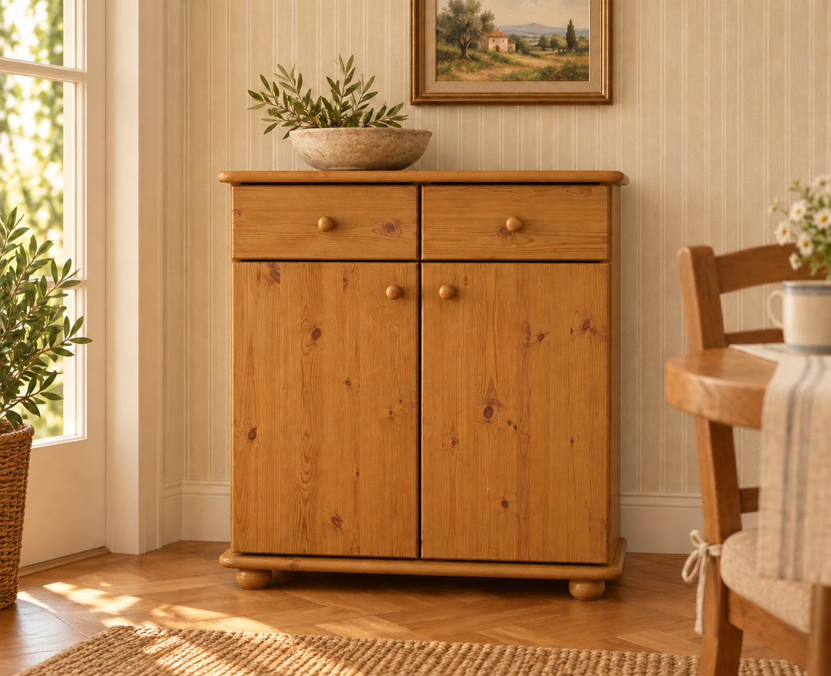 Anika Kommode Bio Kiefer Massivholz | Sideboard mit 2 Schubladen, 2 Türen und 2 Regalfächern