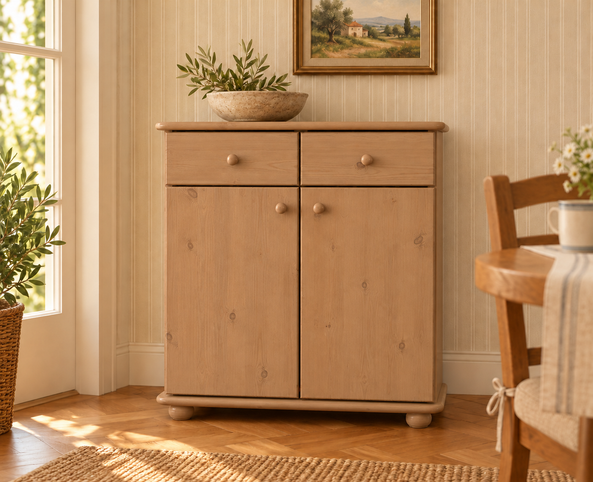 Anika Kommode Bio Kiefer Massivholz | Sideboard mit 2 Schubladen, 2 Türen und 2 Regalfächern