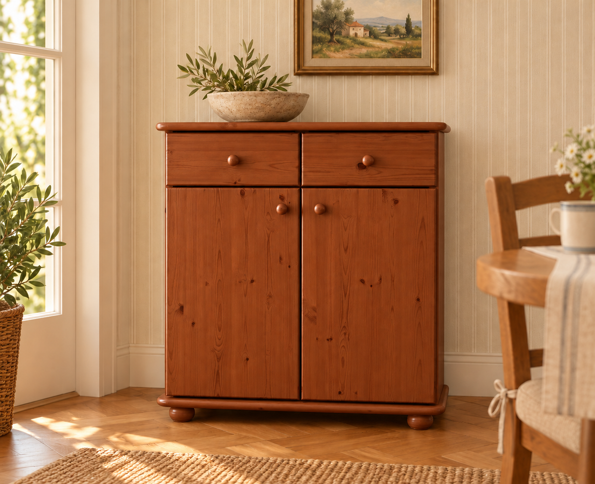 Anika Kommode Bio Kiefer Massivholz | Sideboard mit 2 Schubladen, 2 Türen und 2 Regalfächern