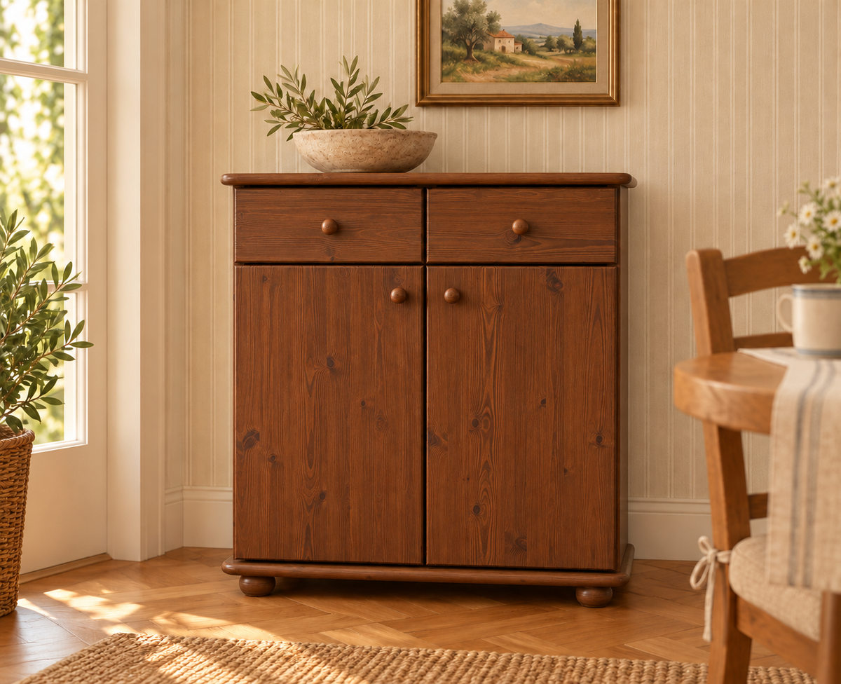 Anika Kommode Bio Kiefer Massivholz | Sideboard mit 2 Schubladen, 2 Türen und 2 Regalfächern