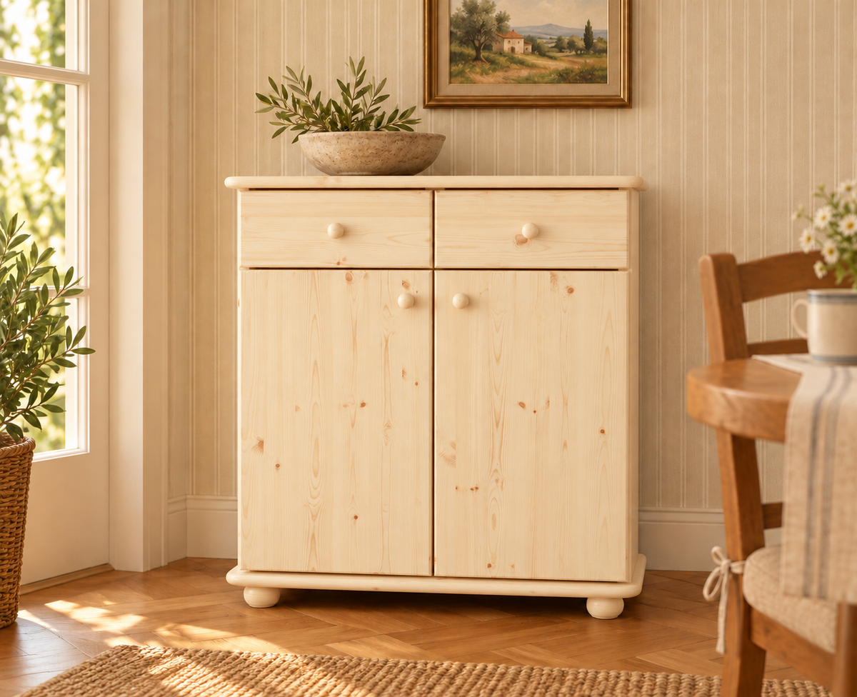 Anika Kommode Bio Kiefer Massivholz | Sideboard mit 2 Schubladen, 2 Türen und 2 Regalfächern