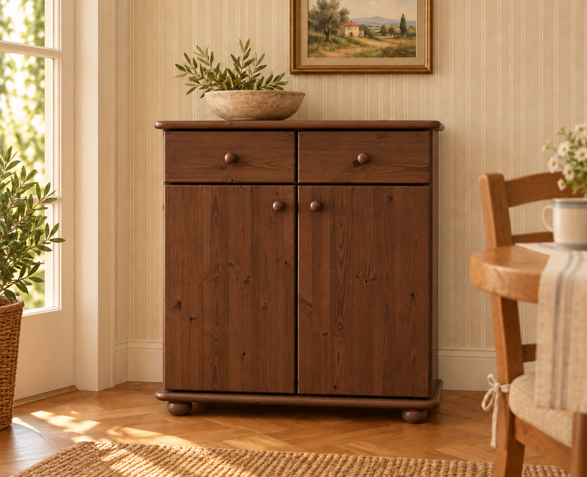 Anika Kommode Bio Kiefer Massivholz | Sideboard mit 2 Schubladen, 2 Türen und 2 Regalfächern