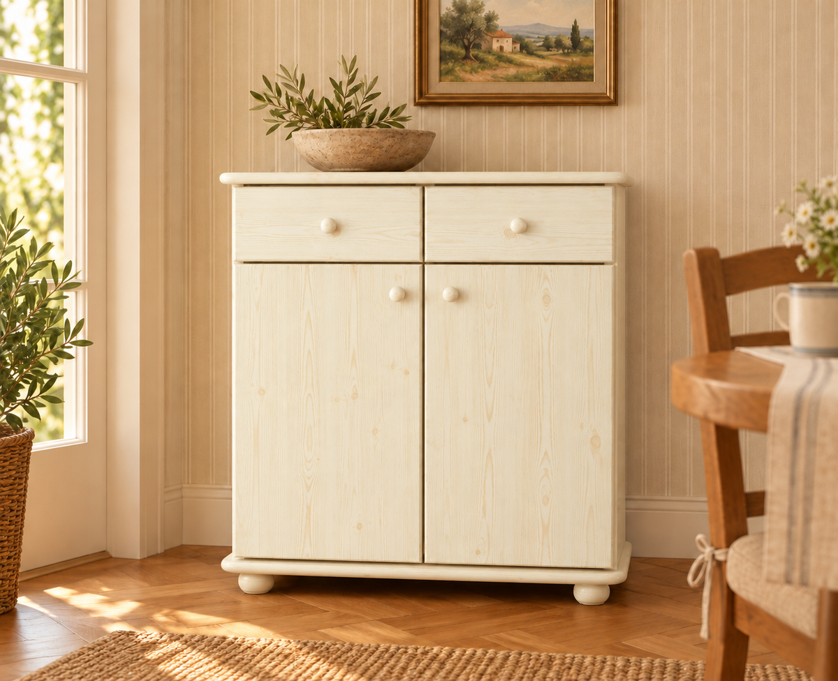 Anika Kommode Bio Kiefer Massivholz | Sideboard mit 2 Schubladen, 2 Türen und 2 Regalfächern