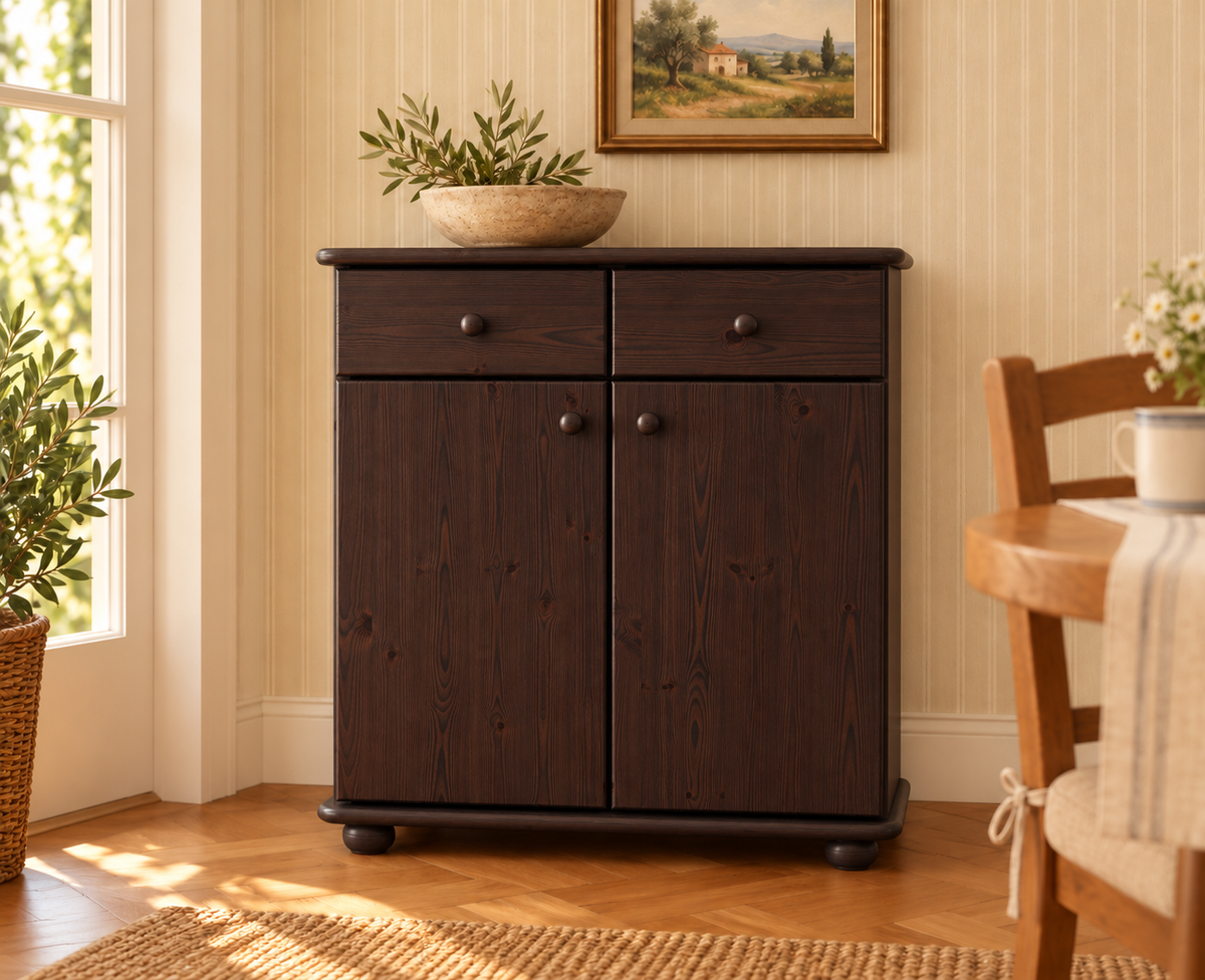 Anika Kommode Bio Kiefer Massivholz | Sideboard mit 2 Schubladen, 2 Türen und 2 Regalfächern