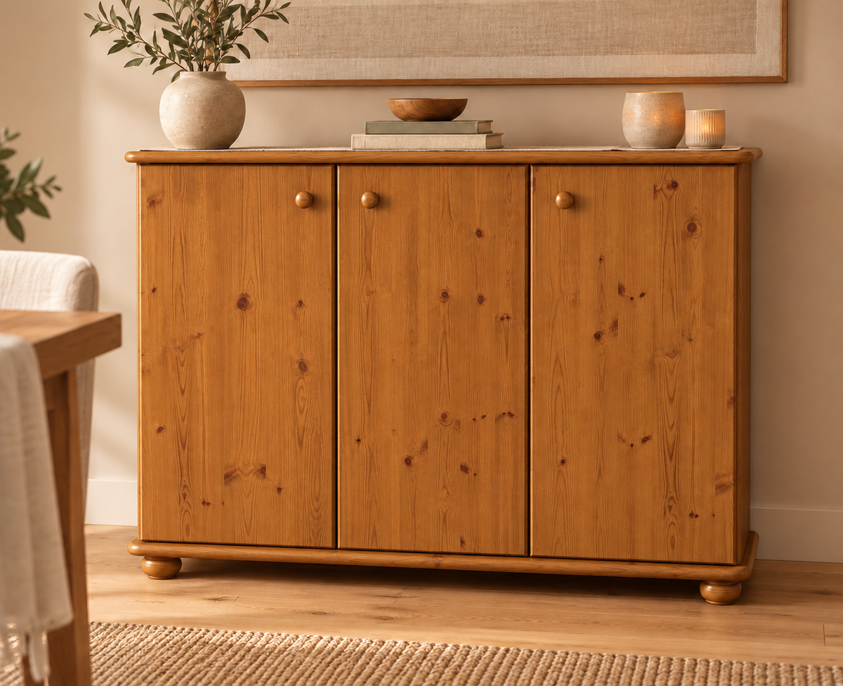 Anika Kommode Bio Kiefer Massivholz | 93er Sideboard 3-Türig mit Regalfächer