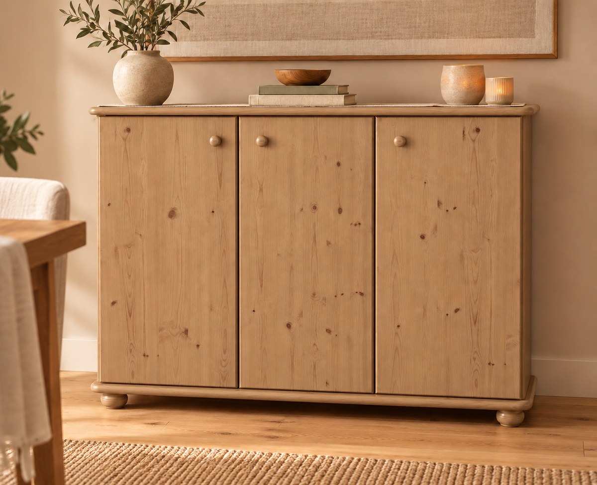 Anika Kommode Bio Kiefer Massivholz | 93er Sideboard 3-Türig mit Regalfächer