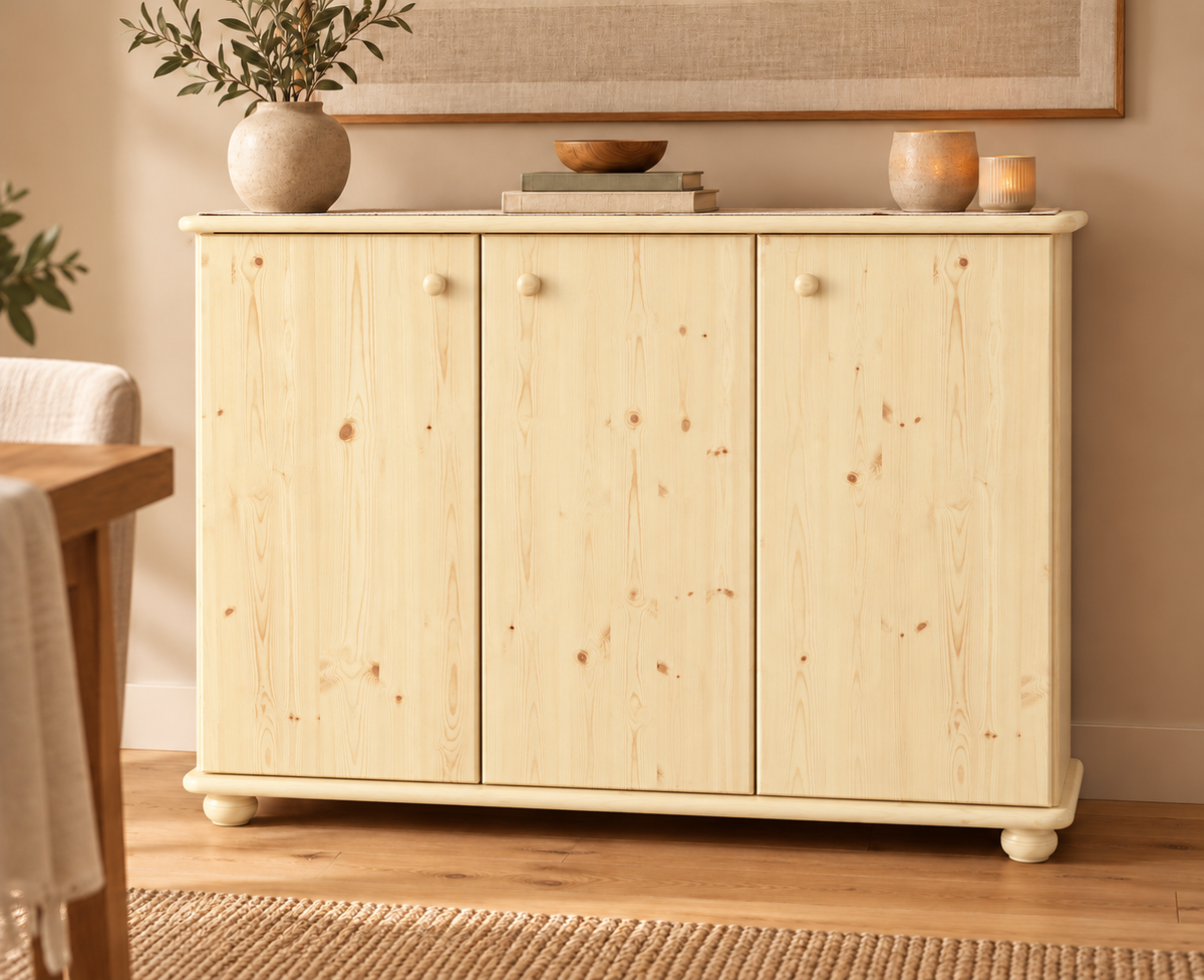 Anika Kommode Bio Kiefer Massivholz | 93er Sideboard 3-Türig mit Regalfächer