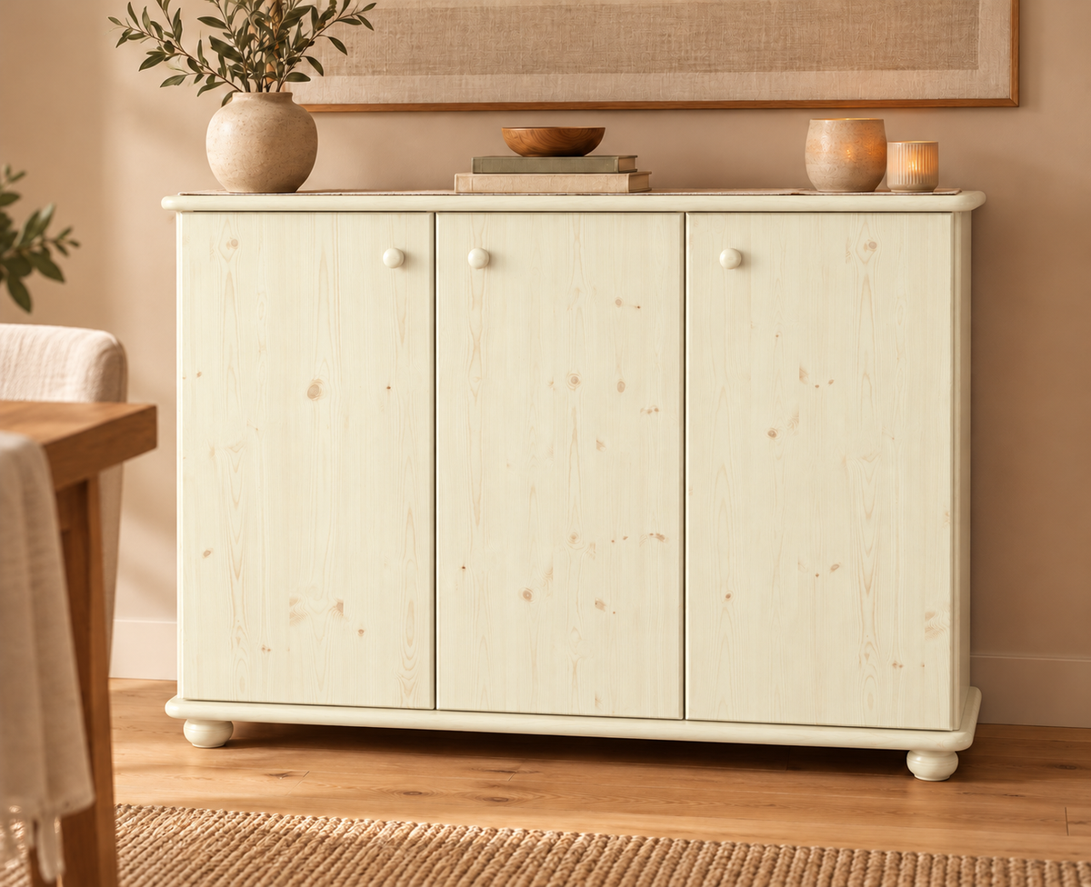 Anika Kommode Bio Kiefer Massivholz | 93er Sideboard 3-Türig mit Regalfächer
