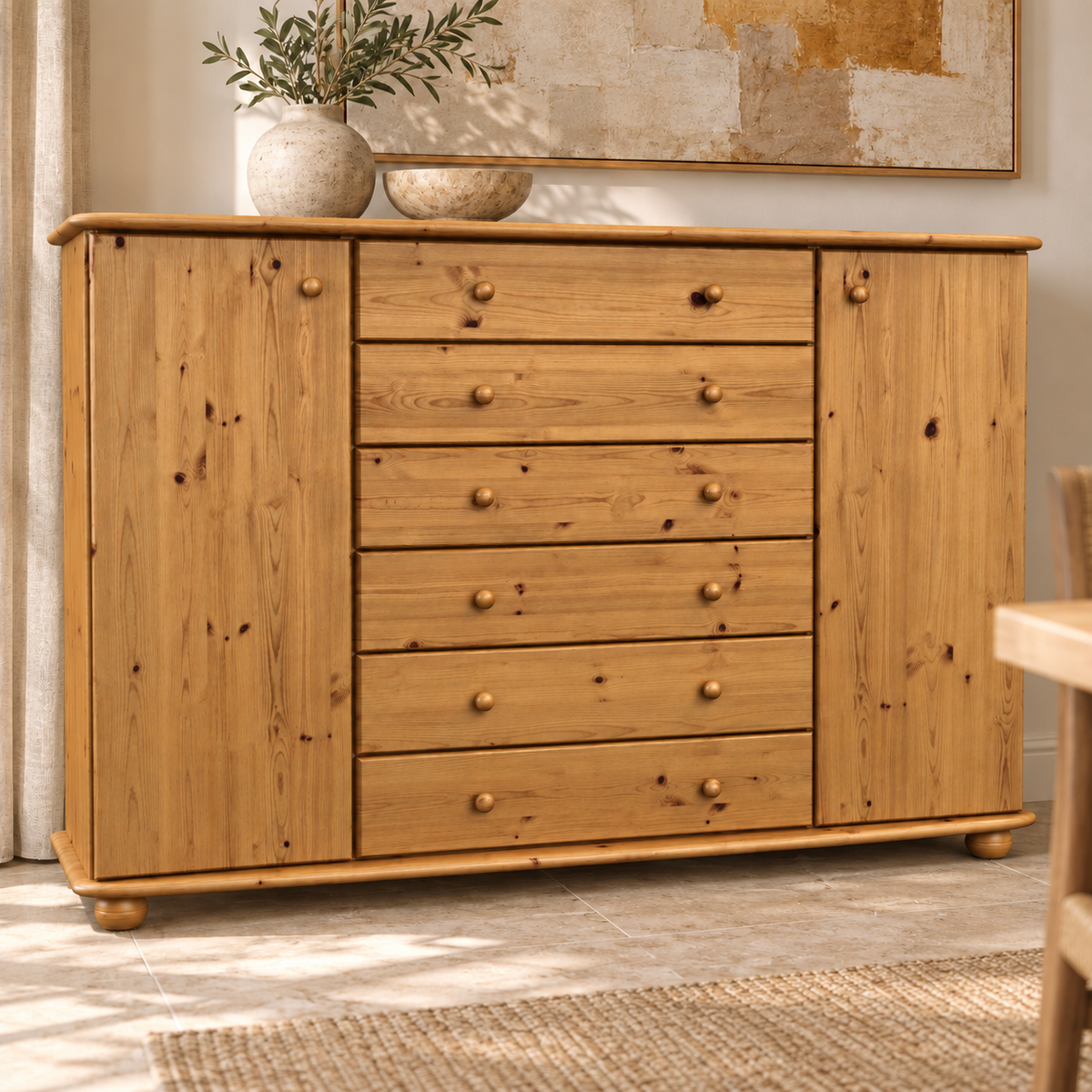 Anika Kommode XL Kiefer Massivholz | Sideboard mit 2 Türen & 6 Schubladen | 100% Bio Qualität