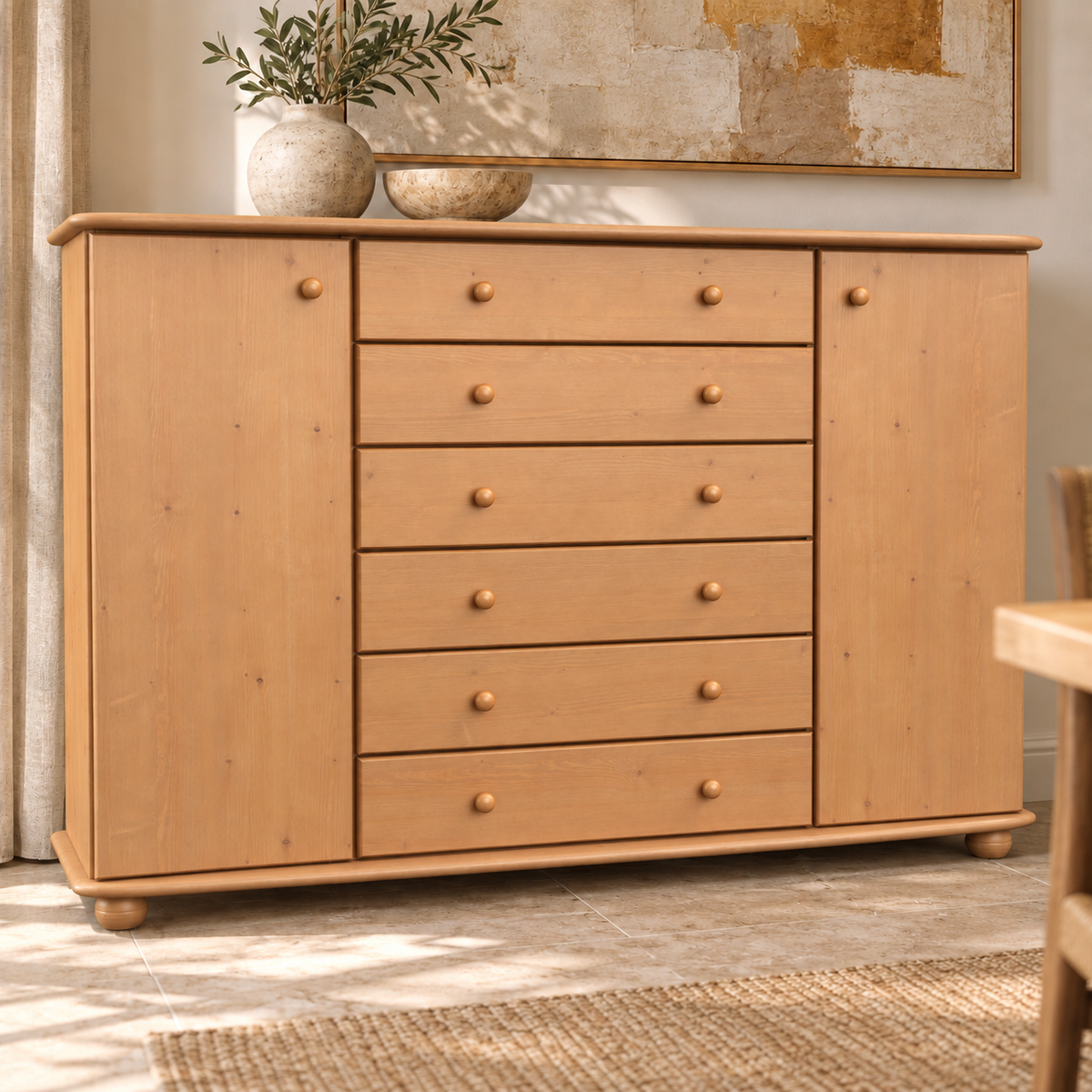 Anika Kommode XL Kiefer Massivholz | Sideboard mit 2 Türen & 6 Schubladen | 100% Bio Qualität