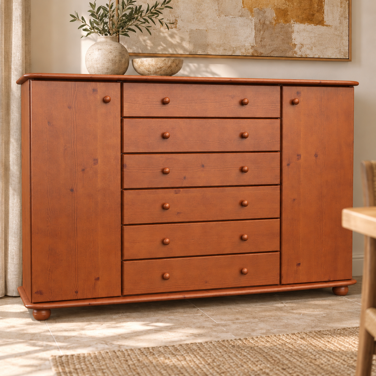 Anika Kommode XL Kiefer Massivholz | Sideboard mit 2 Türen & 6 Schubladen | 100% Bio Qualität