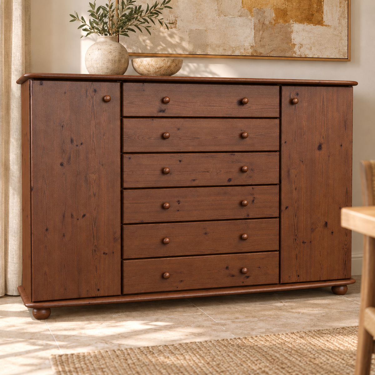 Anika Kommode XL Kiefer Massivholz | Sideboard mit 2 Türen & 6 Schubladen | 100% Bio Qualität