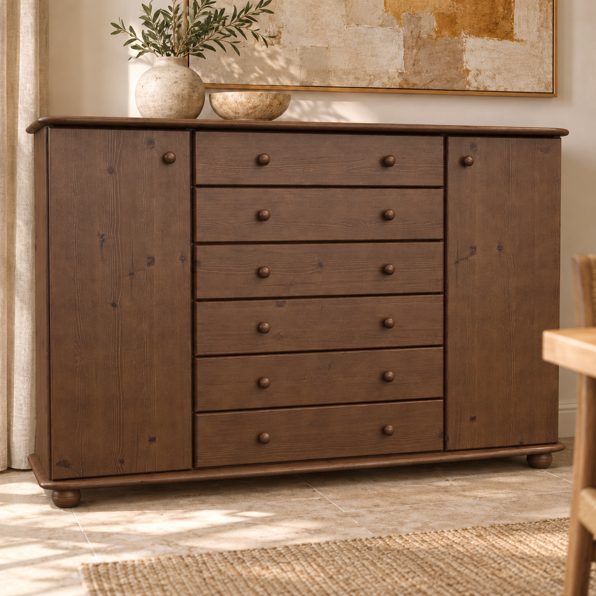 Anika Kommode XL Kiefer Massivholz | Sideboard mit 2 Türen & 6 Schubladen | 100% Bio Qualität