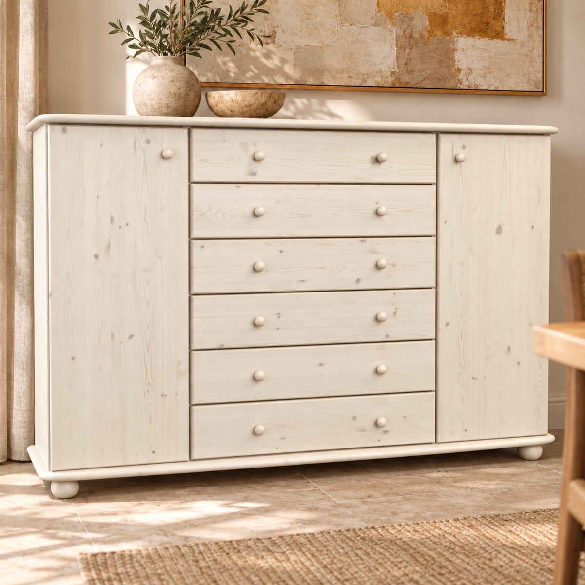 Anika Kommode XL Kiefer Massivholz | Sideboard mit 2 Türen & 6 Schubladen | 100% Bio Qualität
