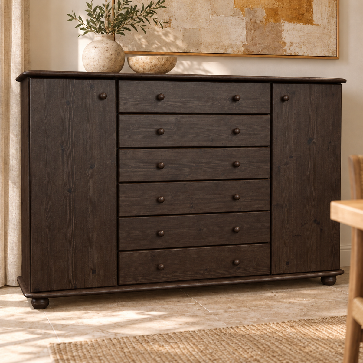 Anika Kommode XL Kiefer Massivholz | Sideboard mit 2 Türen & 6 Schubladen | 100% Bio Qualität