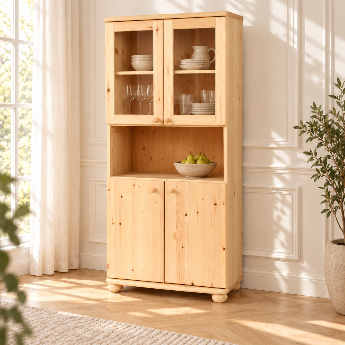 Claudia Buffetschrank Vitrine aus Kiefer massiv | 4-türig | 100% Bio Massivholz