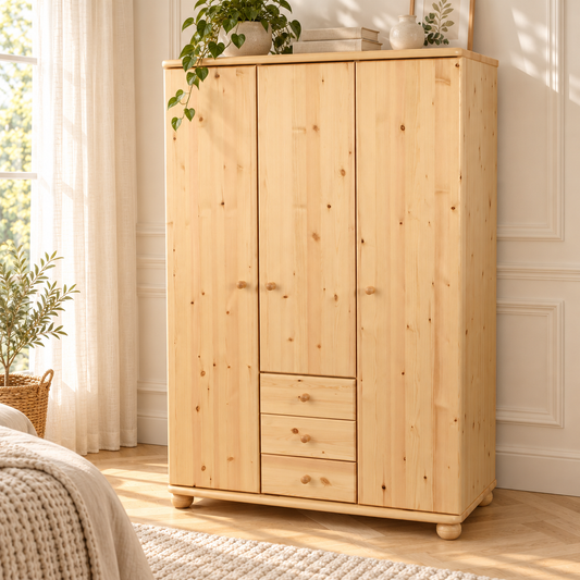 Claudia Hotel Kleiderschrank Bio Kiefer | 3 Türen | 3 Schubladen | Regalböden aus massivem Holz