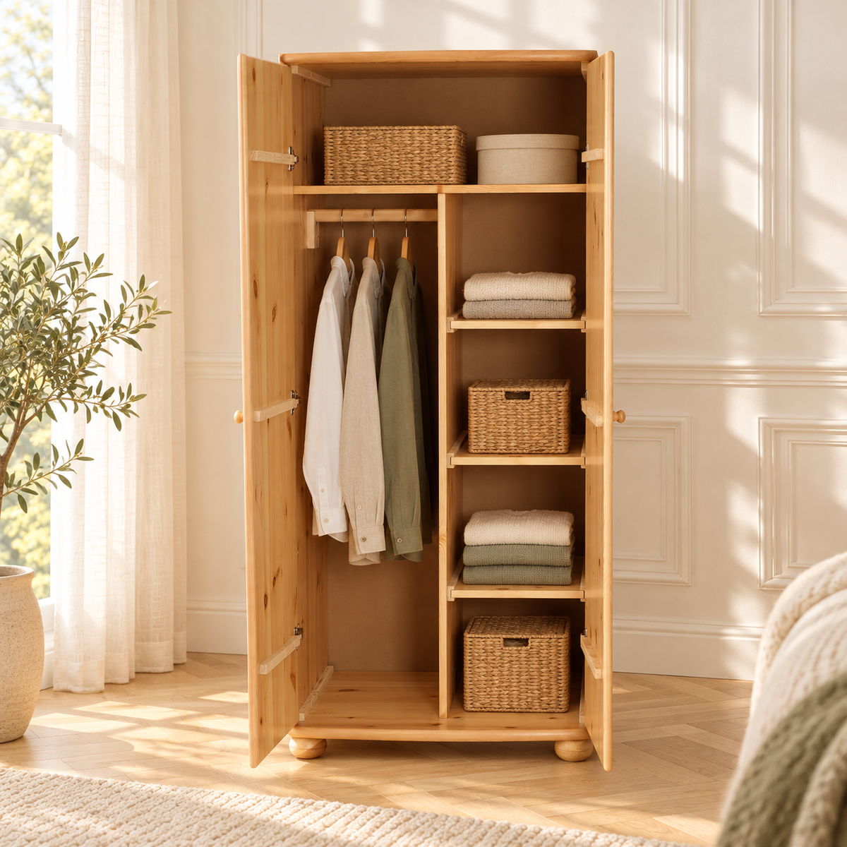 Claudia Kleiderschrank 100% Bio Kiefer | 2-Türig mit Kleiderstange und Regalfächer aus massivem Holz