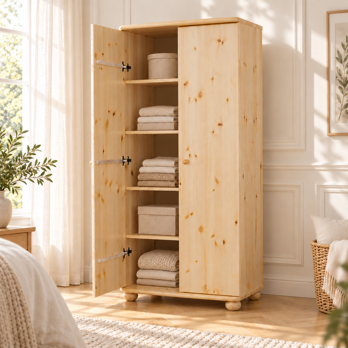Claudia Kleiderschrank Bio Kiefer 2-türig | 45cm / 62cm Tiefe | 100% Massivholz mit Regalfächern