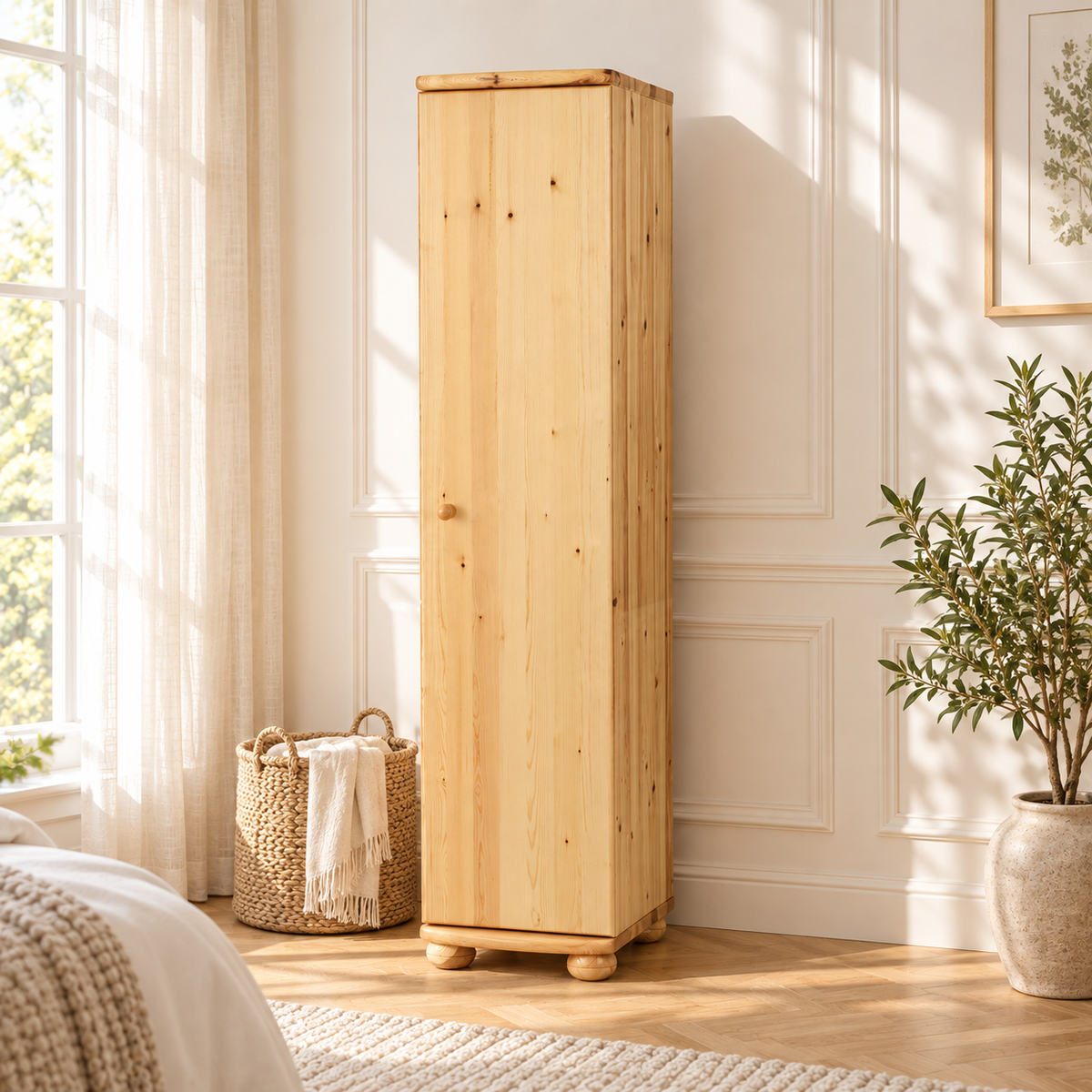 Claudia Kleiderschrank Bio Kiefer 1-türig | 45 cm Tiefe mit Kleiderstange aus 100% Massivholz