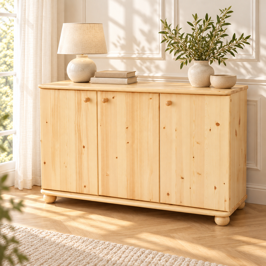 Claudia Kommode Bio Kiefer Massivholz | 3-Türig Sideboard mit 4-Regalfächern