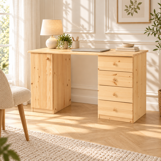 Claudia Schreibtisch Bio Kieferholz | Bürotisch 1-Türig mit 4 Schubladen aus 100% massivem Holz