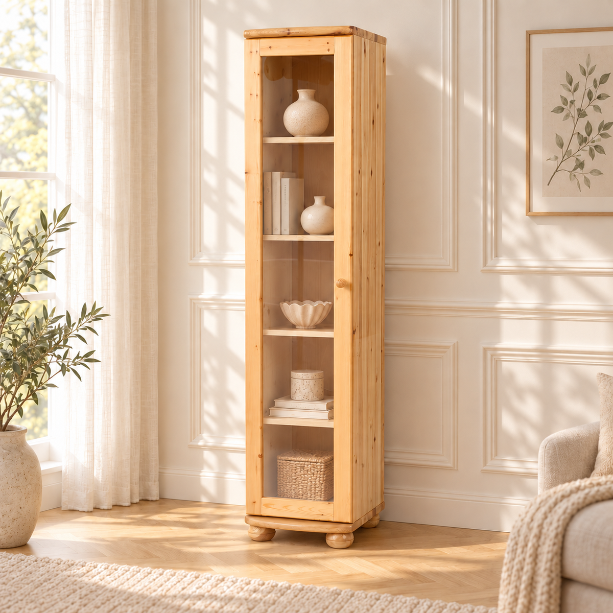 Claudia Vitrine Bio Kiefer Massivholz | 1-Türig mit 4 Regalen aus 100% Naturmaterial