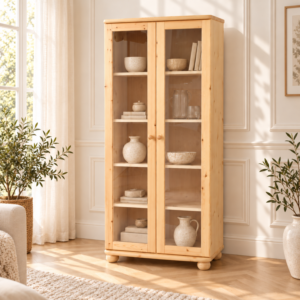 Claudia Vitrine Bio Kiefer Massivholz | 2-Türig mit 4 Regalen aus 100% natürlichem Holz