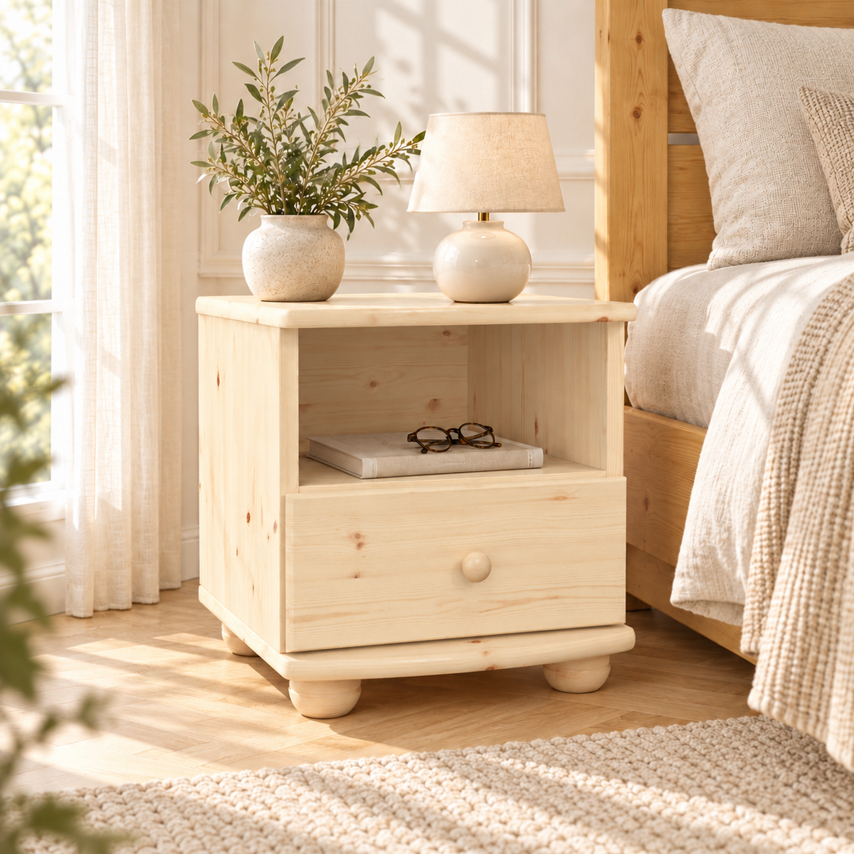 Claudia Kiefer Nachttisch Massivholz mit 1-Schublade und 1 Regal | 100% Bio Kiefer