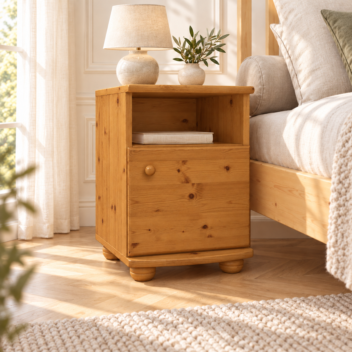 Claudia Kiefer Nachttisch Massivholz | Nachtschrank mit 1 Regal und 1 Tür | 100% Bio Kiefer