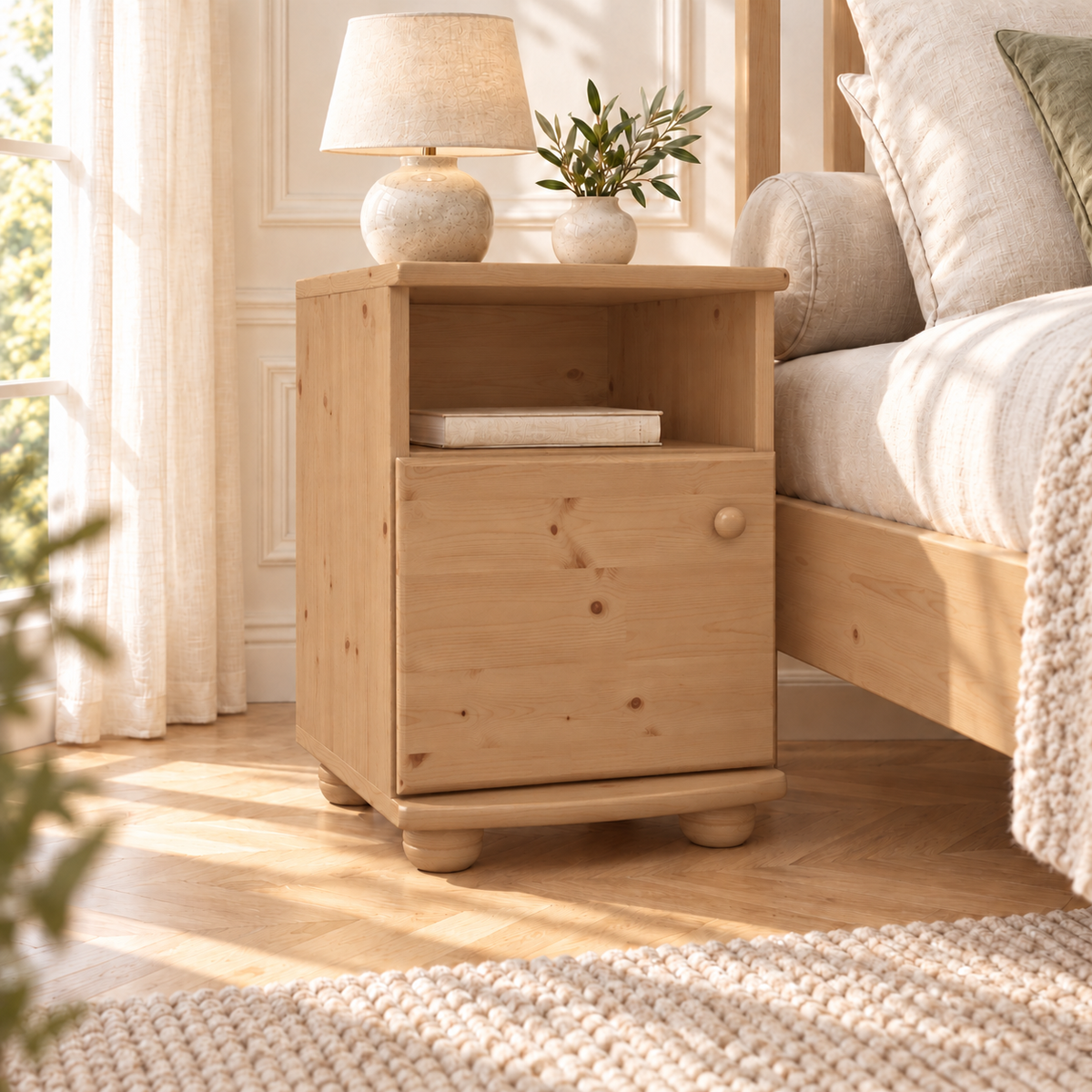 Claudia Kiefer Nachttisch Massivholz | Nachtschrank mit 1 Regal und 1 Tür | 100% Bio Kiefer