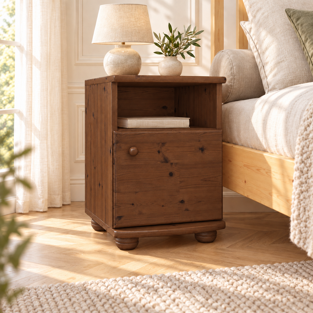 Claudia Kiefer Nachttisch Massivholz | Nachtschrank mit 1 Regal und 1 Tür | 100% Bio Kiefer