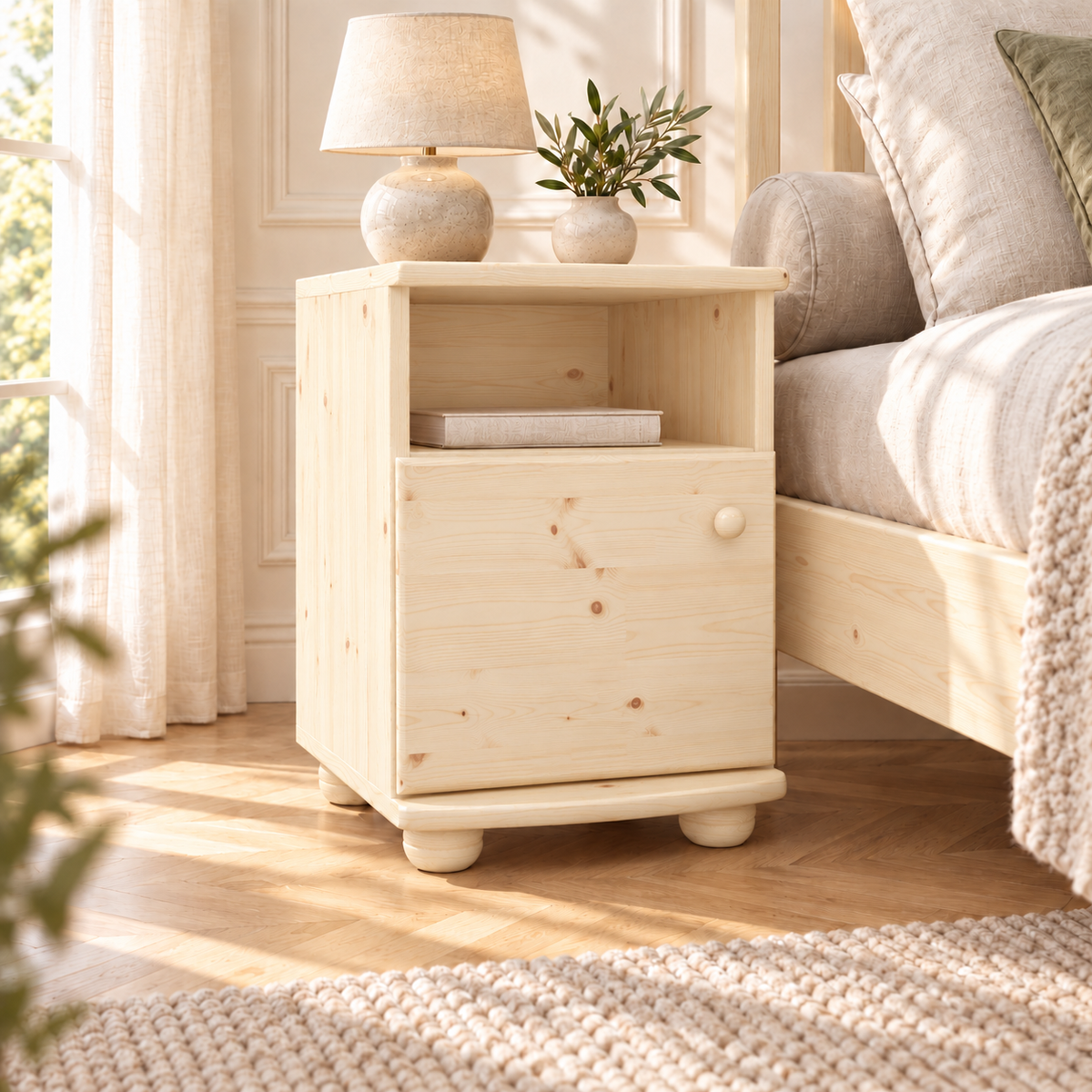 Claudia Kiefer Nachttisch Massivholz | Nachtschrank mit 1 Regal und 1 Tür | 100% Bio Kiefer
