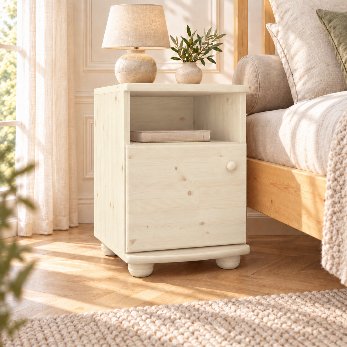 Claudia Kiefer Nachttisch Massivholz | Nachtschrank mit 1 Regal und 1 Tür | 100% Bio Kiefer