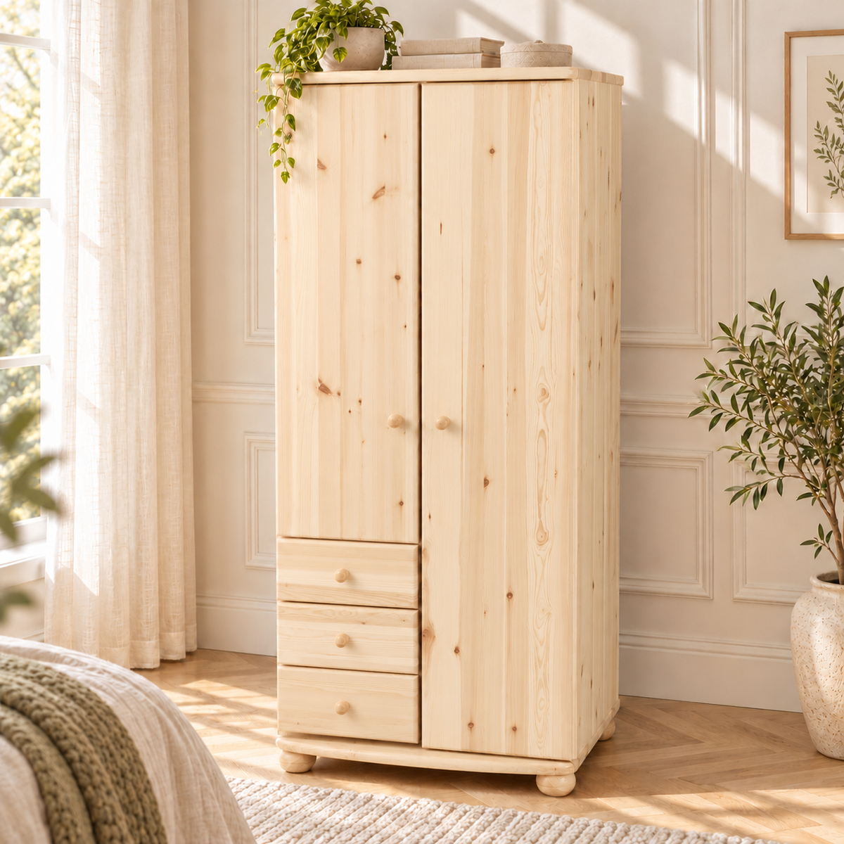 Claudia Kleiderschrank Bio Kiefer | 2-türig mit Kleiderstange und 3 Schubladen