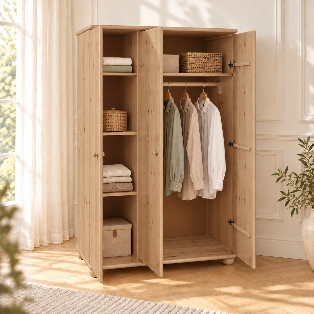 Claudia Kleiderschrank aus Bio Kiefer Massivholz | 3-Türig mit 5-Regalböden und Kleiderstange