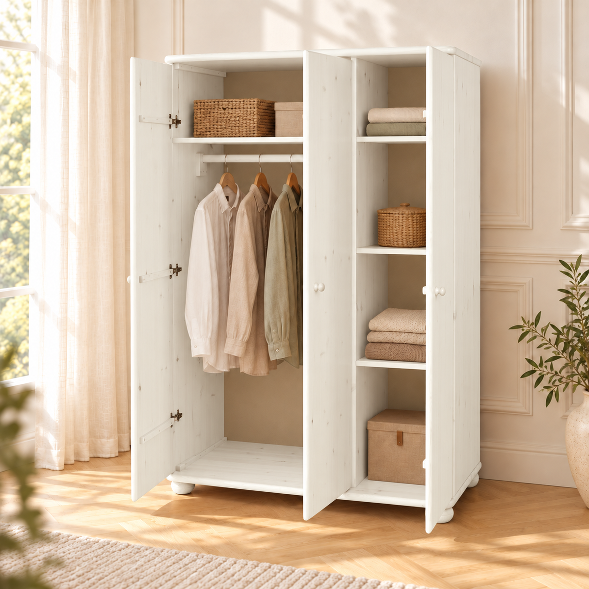 Claudia Kleiderschrank aus Bio Kiefer Massivholz | 3-Türig mit 5-Regalböden und Kleiderstange