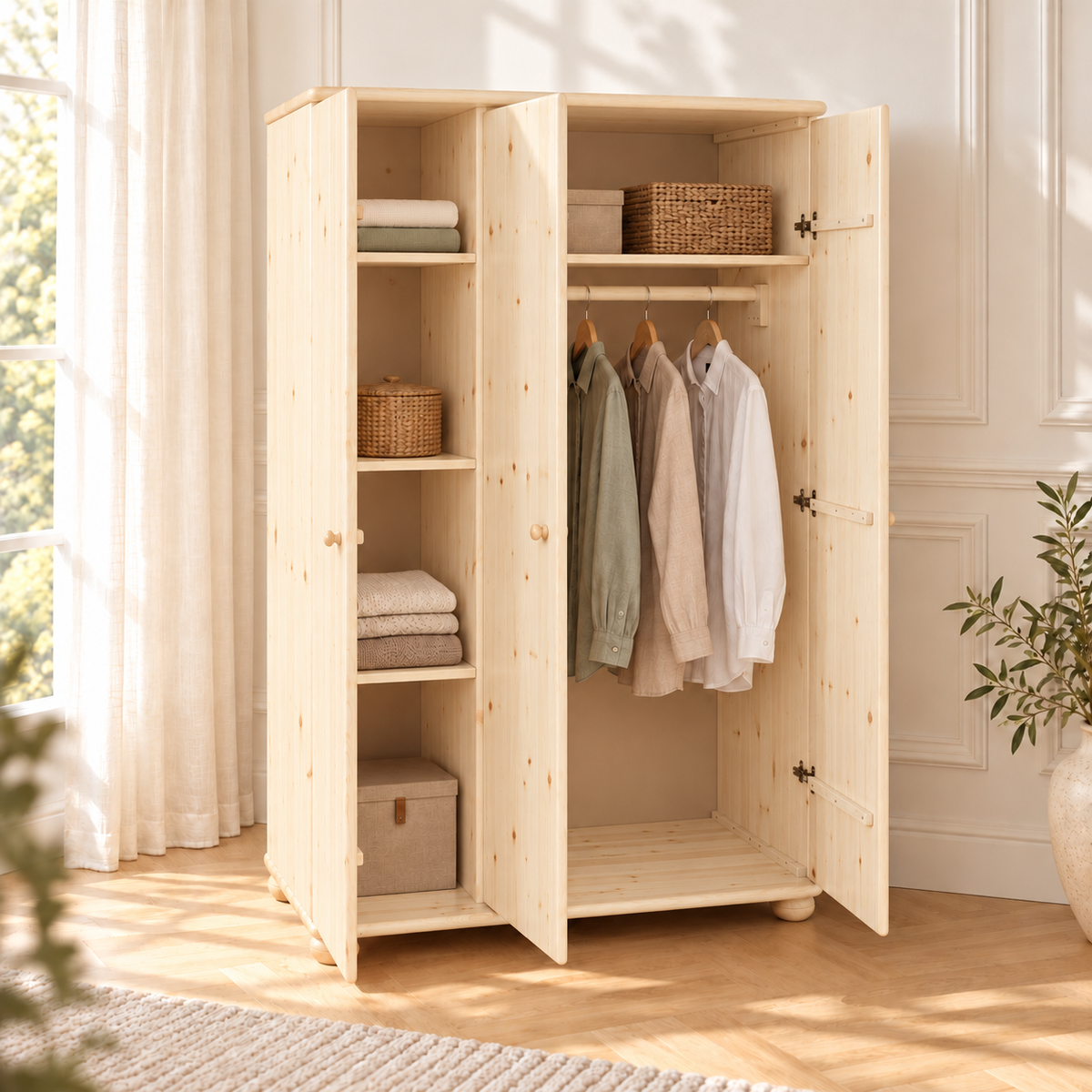Claudia Kleiderschrank aus Bio Kiefer Massivholz | 3-Türig mit 5-Regalböden und Kleiderstange